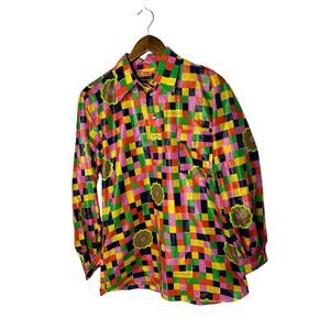 Obermeyer Wind Shirt Colorful Check Mod Flower Power Long Sleeve in Men's M